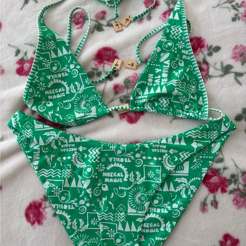 Green Printed Triangle Bikini Set - Women Swim